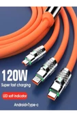 BAYINDIRELEKTRONİK Süper Hızlı 120W 6A Sıvı Silikon Metal Uçlu Led Işıklı Micro Type-C iPhone 3 in1 Şarj Kablosu 1.2M - 4