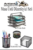 Masa Üstü Siyah Fileli Kalemlik ve 3 Katlı Evrak Rafı 4 Parça 1 Paket 4 lü Masa Üstü Düzenleyici Kalemlik Küp Notluk Ataşlık - 1