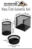 Masa Üstü Siyah Fileli Kalemlik Çöp Kovası ve 3 Katlı Evrak Rafı 5 Parça 1 Paket 5 li Masa Üstü Düzenleyici Kalemlik Küp Notluk Ataşlık - 2
