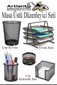 Masa Üstü Siyah Fileli Kalemlik Çöp Kovası ve 3 Katlı Evrak Rafı 5 Parça 1 Paket 5 li Masa Üstü Düzenleyici Kalemlik Küp Notluk Ataşlık - 1