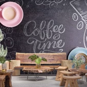 Cafe Desenli-Yazılı Duvar Kağıdı Baskı - 1