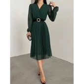 Lucky Life Kadın şifon Kumaş Astalı Kloş Kesim Kruvaze Yaka Midi Boy Elbise thumbnail 1