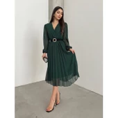 Lucky Life Kadın şifon Kumaş Astalı Kloş Kesim Kruvaze Yaka Midi Boy Elbise thumbnail 2