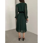 Lucky Life Kadın şifon Kumaş Astalı Kloş Kesim Kruvaze Yaka Midi Boy Elbise thumbnail 3