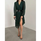 Lucky Life Kadın şifon Kumaş Astalı Kloş Kesim Kruvaze Yaka Midi Boy Elbise thumbnail 4