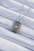 316L Çelik Zincir Eskitme Gümüş Renk Pembe Mineli Kalp Figürlü Tarot Kolye - 1