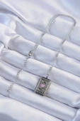 316L Çelik Zincir Eskitme Gümüş Renk Pembe Mineli Kalp Figürlü Tarot Kolye - 2