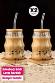 2li Sukabağı Latte Bardak Bambu Kapaklı İskandinav Cam Bardak Kahve Kokteyl Sunum Bardağı 400ml - 2
