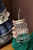 2li Sukabağı Latte Bardak Bambu Kapaklı İskandinav Cam Bardak Kahve Kokteyl Sunum Bardağı 400ml - 3