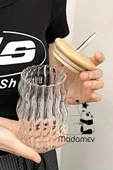 2li Sukabağı Latte Bardak Bambu Kapaklı İskandinav Cam Bardak Kahve Kokteyl Sunum Bardağı 400ml - 5