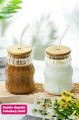 2li Sukabağı Latte Bardak Bambu Kapaklı İskandinav Cam Bardak Kahve Kokteyl Sunum Bardağı 400ml - 1