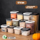 Porsima 1174 12'li Etiketli Renkli Kapaklı Gıda Kavanoz Saklama Kabı Seti Erzak Kabı Organizer Siyah-Beyaz - 1