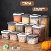 Porsima 1176 12'li Etiketli Renkli Kapaklı Gıda Kavanoz Saklama Kabı Seti Erzak Kabı Organizer Antrasit - 1