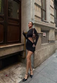 Siyah Mini Uzun Kollu Bel Dekolteli Elbise - 6