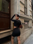 Siyah Mini Uzun Kollu Bel Dekolteli Elbise - 4