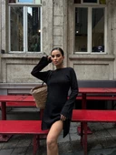 Siyah Sırt Dekolteli Triko Mini Elbise - 4