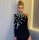 Siyah Örme Özel Taş İşlemeli Tasarım Elbise - 4