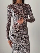 Kadife Leopar Desenli Uzun Elbise - 4