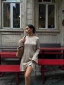 Camel Sırt Dekolteli Triko Mini Elbise - 4