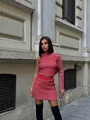 Kırmızı Simli Tek Kol Kazak Mini Etek Takım - 1