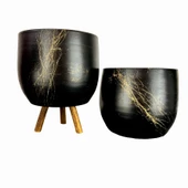 Bitki Tasarımı Siyah Üzeri Gold Mermer Efektli Toprak Saksı Saksılık Salon Çiçeklik İkili Set Ayaksız - 3 Ayaklı- 19 CM - 1