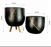 Bitki Tasarımı Siyah Üzeri Gold Mermer Efektli Toprak Saksı Saksılık Salon Çiçeklik İkili Set Ayaksız - 3 Ayaklı- 19 CM - 2