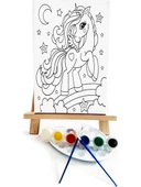 Unicorn Çocuk Ressam Seti 20 x 30 cm Ön Çizimli Tuval 2 Adet Fırça Palet Boyalar ve Şövale - 1