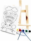 Okul Otobüsü Çocuk Ressam Seti 20 x 30 cm Ön Çizimli Tuval 2 Adet Fırça Palet Boyalar ve Şövale - 1