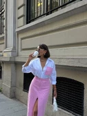Beyaz Pembe Pullu Cep Detaylı Gömlek - 2