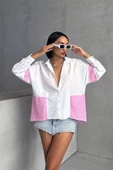 Beyaz Etek Ucu Ve Kolları Pembe Kot Garnili Gömlek - 1