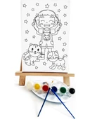 Kedili Kız Çocuk Ressam Seti 20 x 30 cm Ön Çizimli Tuval 2 Adet Fırça Palet Boyalar ve Şövale - 1