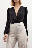 Kruvaze Saten Bodysuit Bluz - SİYAH - 5