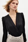Kruvaze Saten Bodysuit Bluz - SİYAH - 3
