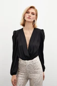 Kruvaze Saten Bodysuit Bluz - SİYAH - 2