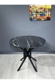 Hey Modüler Mobilya Sedef Siyah Mermer Yuvarlak Mutfak Masası Yemek Masası Balkon Masası Metal Siyah Ayak 100 Cm - 2