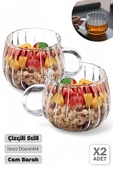 2'li Çizgili Still Cam Bardak 250 ml Isıya Dayanıklı Kahve Sunum Bardağı Kupa Kulplu Çay Fincanı - 1