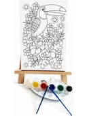 Papağan Çocuk Ressam Seti 20 x 30 cm Ön Çizimli Tuval 2 Adet Fırça Palet Boyalar ve Şövale - 1
