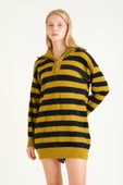 Kadın Çizgili Yarım Fermuarlı Tüylü Tunik Hardal thumbnail 1