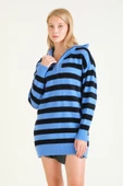 Kadın Çizgili Yarım Fermuarlı Tüylü Tunik Mavi thumbnail 1