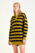 Kadın Çizgili Yarım Fermuarlı Tüylü Tunik Hardal thumbnail 3