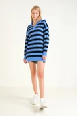 Kadın Çizgili Yarım Fermuarlı Tüylü Tunik Mavi thumbnail 5