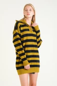 Kadın Çizgili Yarım Fermuarlı Tüylü Tunik Hardal thumbnail 2