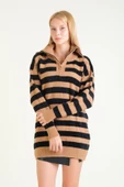 Kadın Çizgili Yarım Fermuarlı Tüylü Tunik Vizon - 3