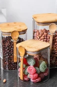 1 Adet Bambu Kapaklı Kaşıklı  Cam Kavanoz 450 ml - 2