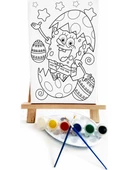 Yumurta Bob Çocuk Ressam Seti 20 x 30 cm Ön Çizimli Tuval 2 Adet Fırça Palet Boyalar ve Şövale - 1