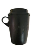 Kapaklı Taşınabilir Kulplu Desenli Kahve Ve Çay Bardağı - Plastik Kupa Bardak - Siyah 300 ml - 1