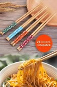 10 Adet YIKANABİLİR  (5 Çift) Desenli Yıkanabilir Kore Çin Bambu Chopsticks Yemek Çubuğu - 2