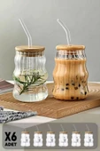 6'lı Bambu Kapaklı Sukabağı Latte İskandinav Cam Pipetli Bardak Kahve Kokteyl Sunum Bardağı 400ml - 1