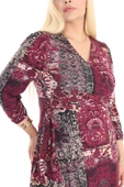 Melsay Butik Kruvaze Yaka Bordo Etnik Desen Anvelop Etek Midi Elbise - 6