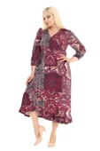 Melsay Butik Kruvaze Yaka Bordo Etnik Desen Anvelop Etek Midi Elbise - 3